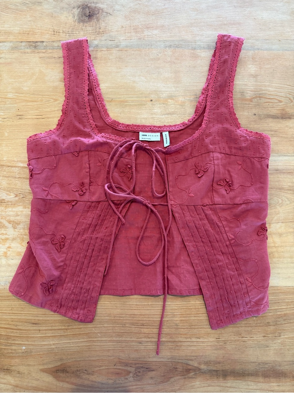 ASOS DESIGN Dusty Rose Pink Embroidered Tie Front Boho Tank Top US 4